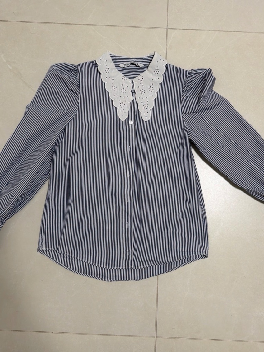 Zara Navy & White Striped Button-Down with Eyelet Collar